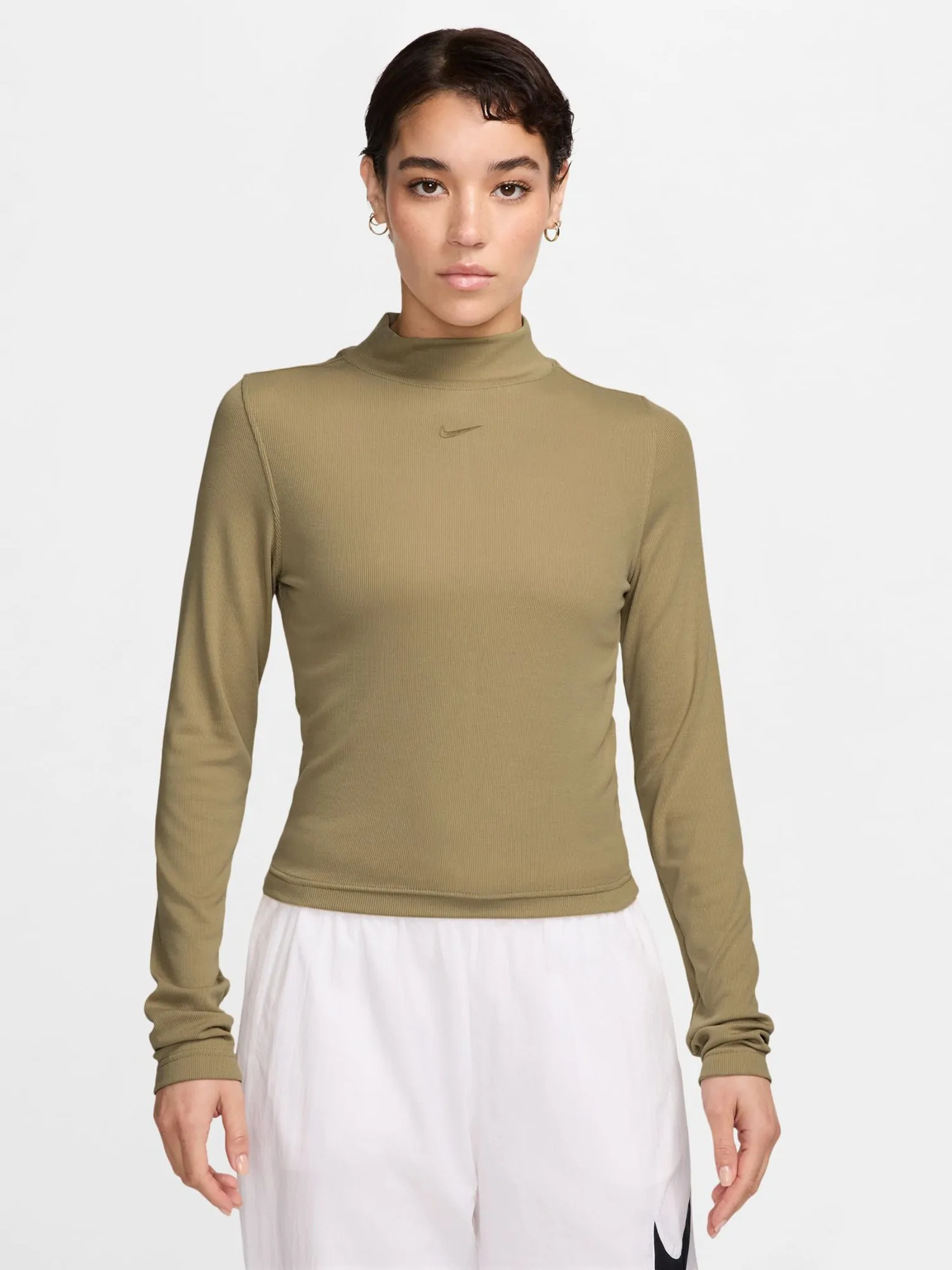Футболка женская Nike W NSW ESSNTL RIB MOCK LS TOP бежевая DV7880